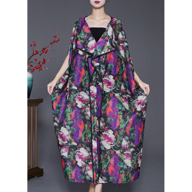 Beautiful Purple Oversized Print Chiffon Long Dresses Batwing Sleeve