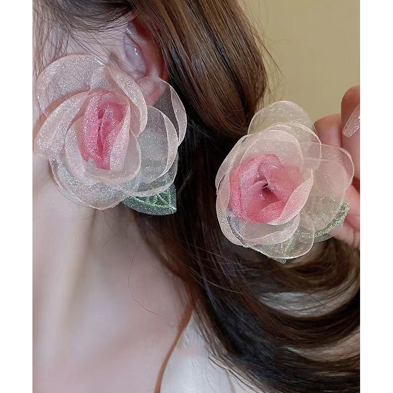 Beautiful Red Organza Floral Leaf Duck Beak Hairpin