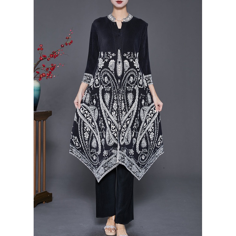 Black Print Silk Dress And Pant Two Piece Set Outfits Asymmetrical Fall