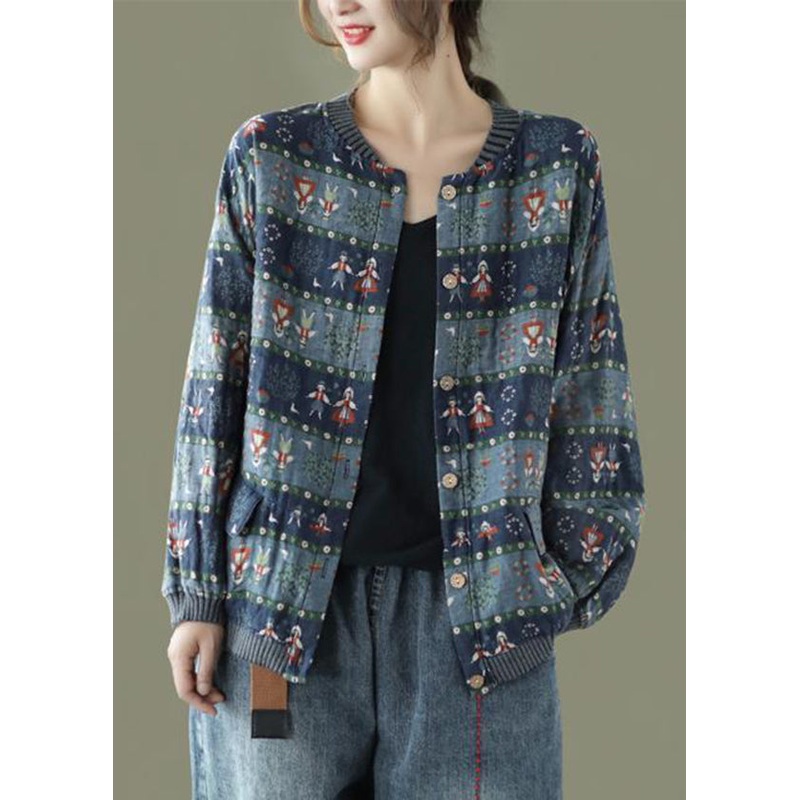 Blue Print Pockets Patchwork Cotton Coats O Neck Butto Fall