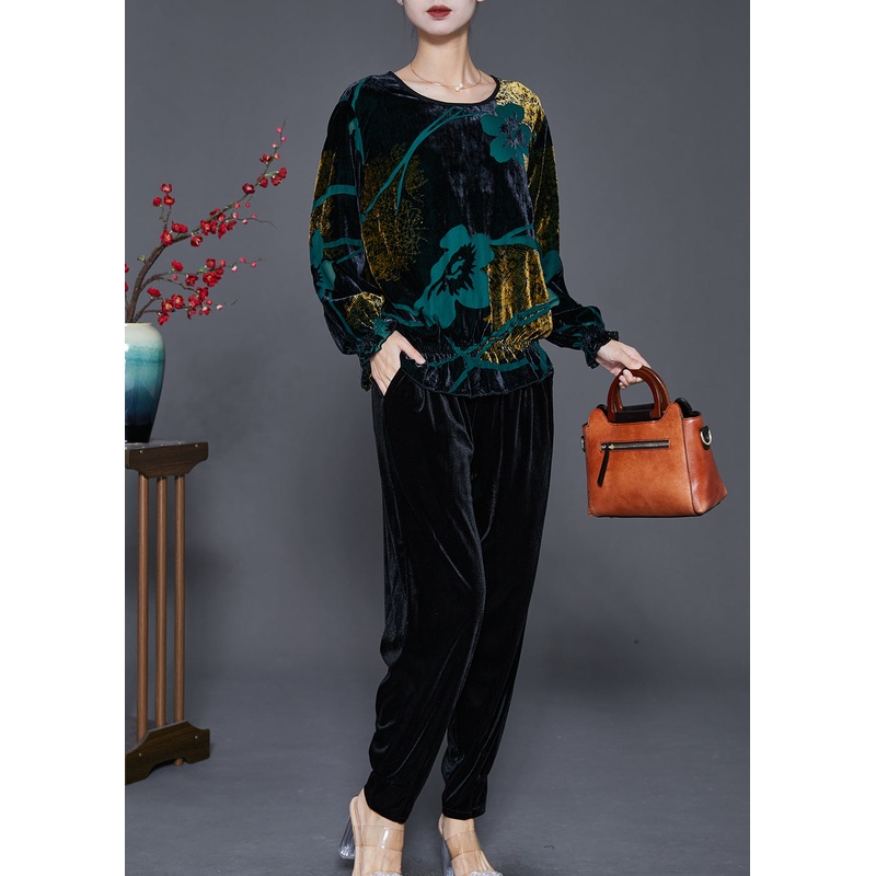 Bohemian Green Print Oversized Silk Velour Two Pieces Set Fall