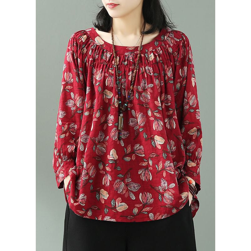 Bohemian Red O Neck Print Loose Cotton T Shirt Fall