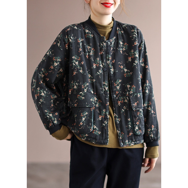 Boho Black Print Pockets Patchwork Fine Cotton Filled Jackets Winter