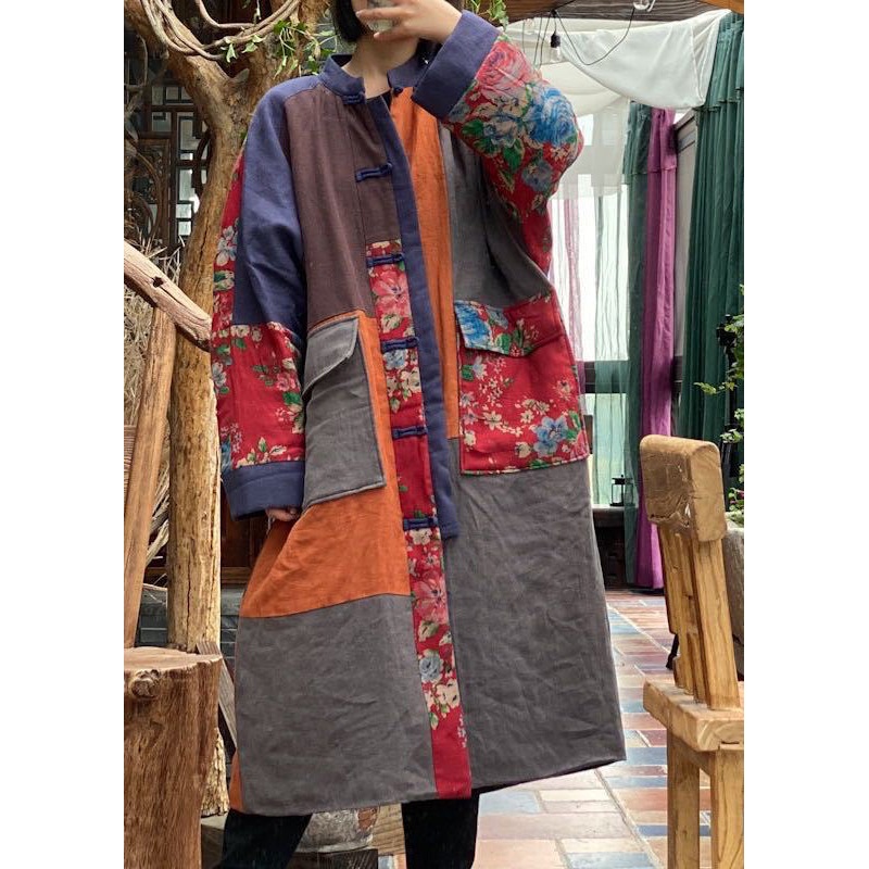 Boho Colorblock Pockets Patchwork Plus Size Fine Cotton Filled Coat Winter
