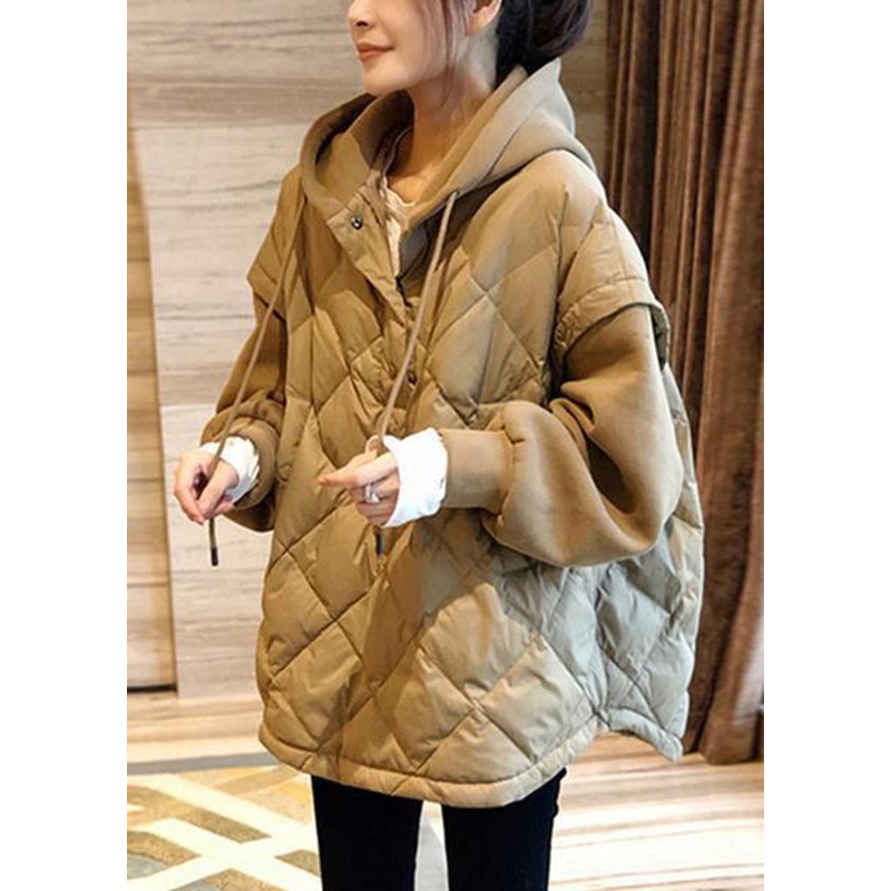 Boho Khaki Hooded Patchwork Fine Cotton Filled Sweatshirt Streetwear Winter