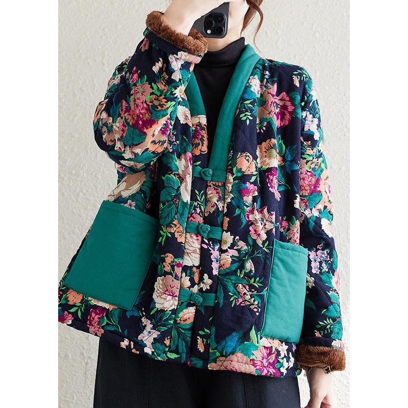 Boho Navy V Neck Pockets Print Fine Cotton Filled Jackets Winter