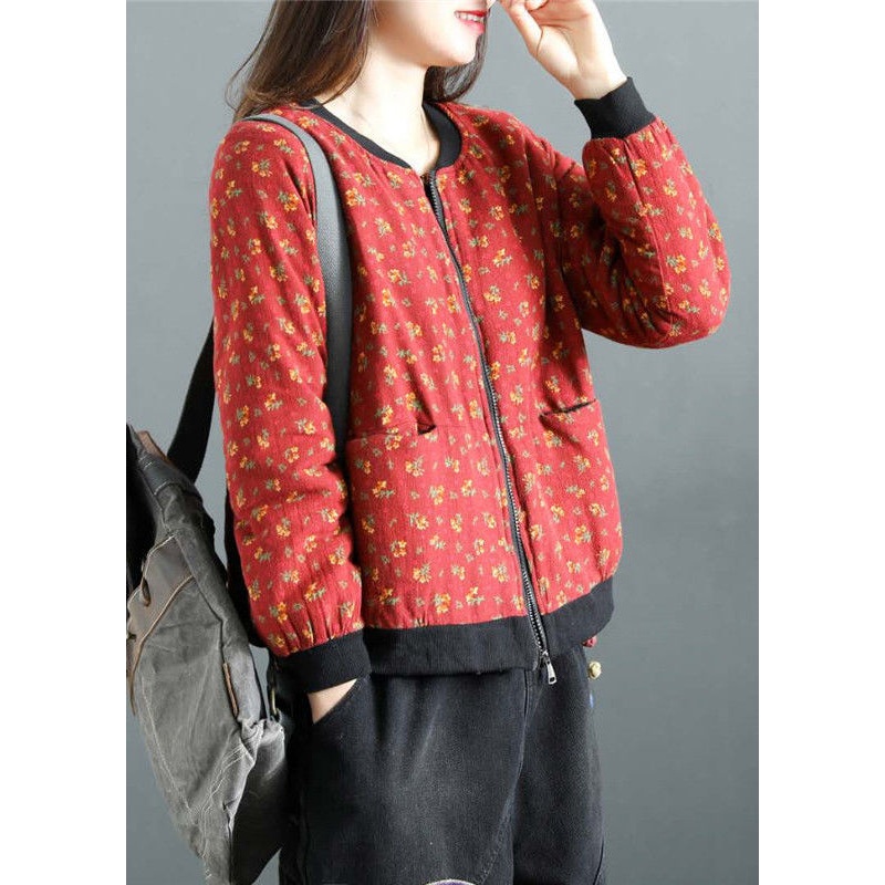 Boho Red Print Zip Up Pockets Patchwork Fine Cotton Filled Witner Coats