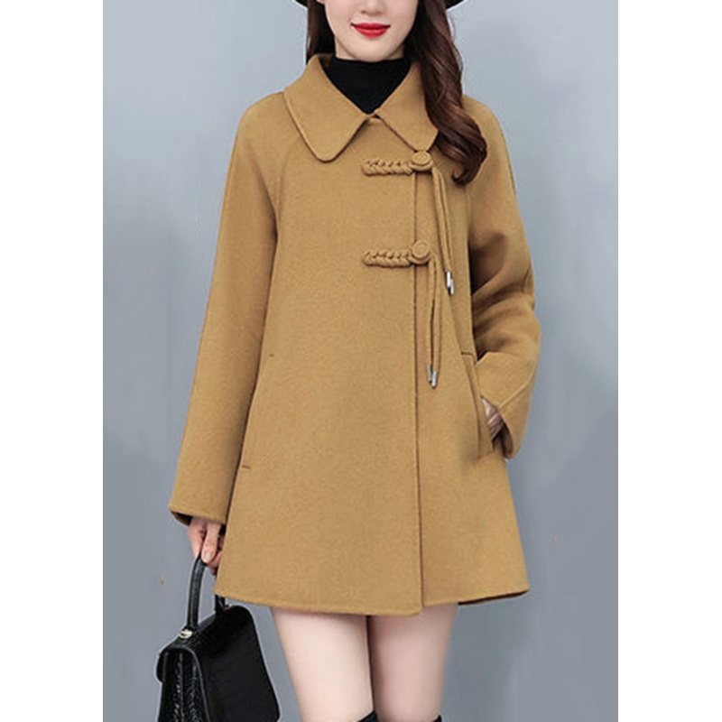 Boutique Camel Tasseled Chinese Button Woolen Coat Winter