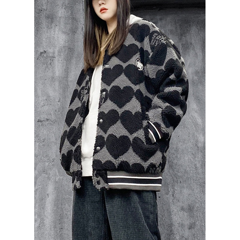 Casual Black Print Pockets Patchwork Faux Fur Cotton Filled Jackets Winter