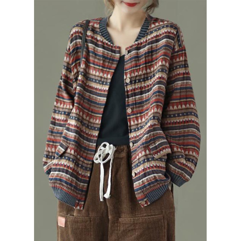 Casual Coffee Striped Pockets Patchwork Cotton Coat Fall