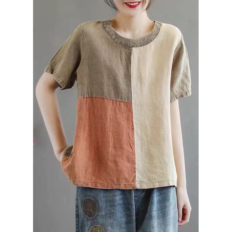 Casual Khaki O Neck Patchwork Cotton Top Short Sleeve