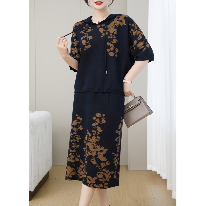 Casual Navy Hooded Jacquard Patchwork Knit Two Piece Set Fall