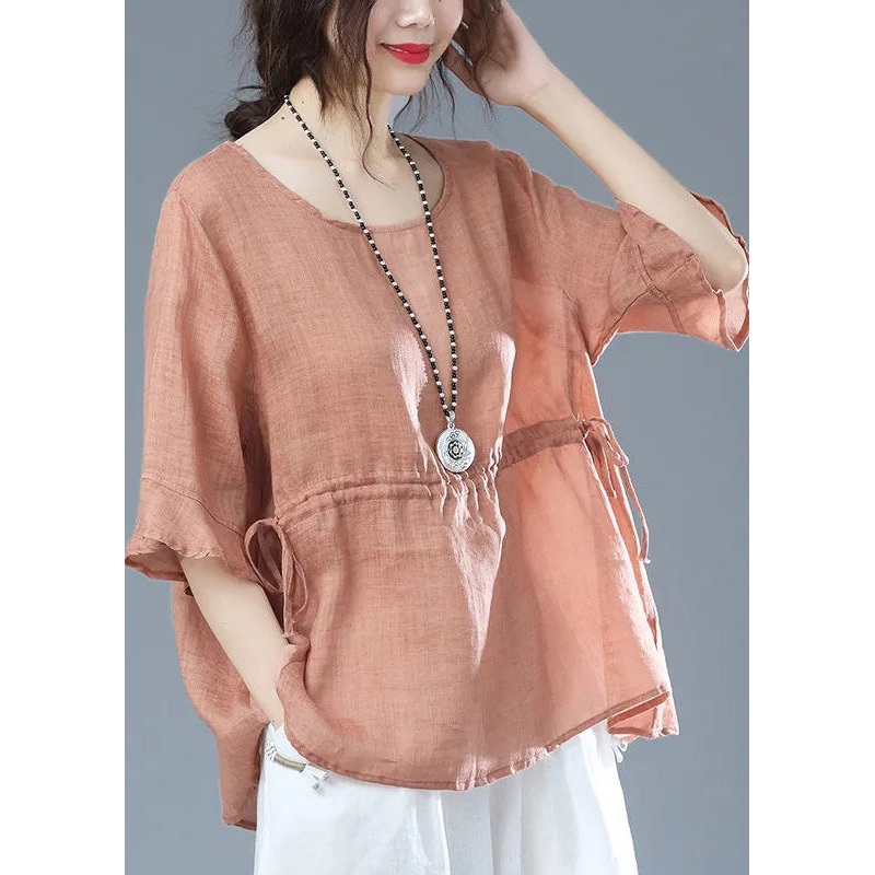 Casual Orange O Neck Drawstring Patchwork Cotton T Shirt Half Sleeve