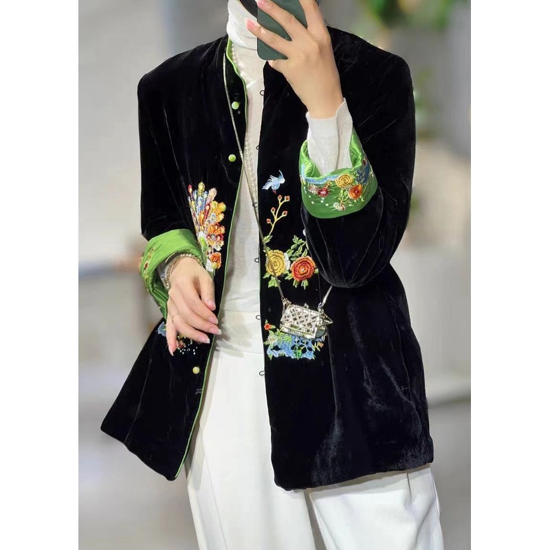 Chinese Style Black Stand Collar Embroidered Patchwork Velour Coats Fall