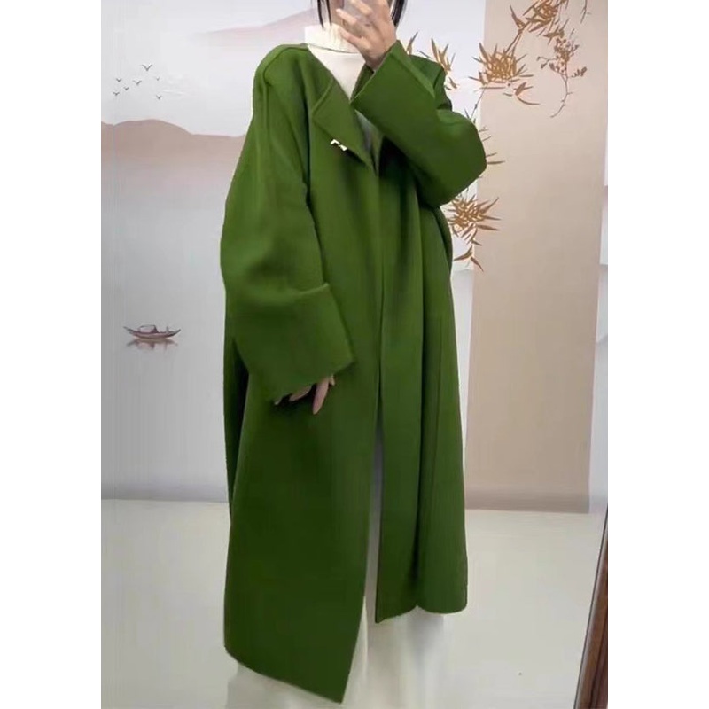 Classy Green O Neck Pockets Plus Size Woolen Coat Fall