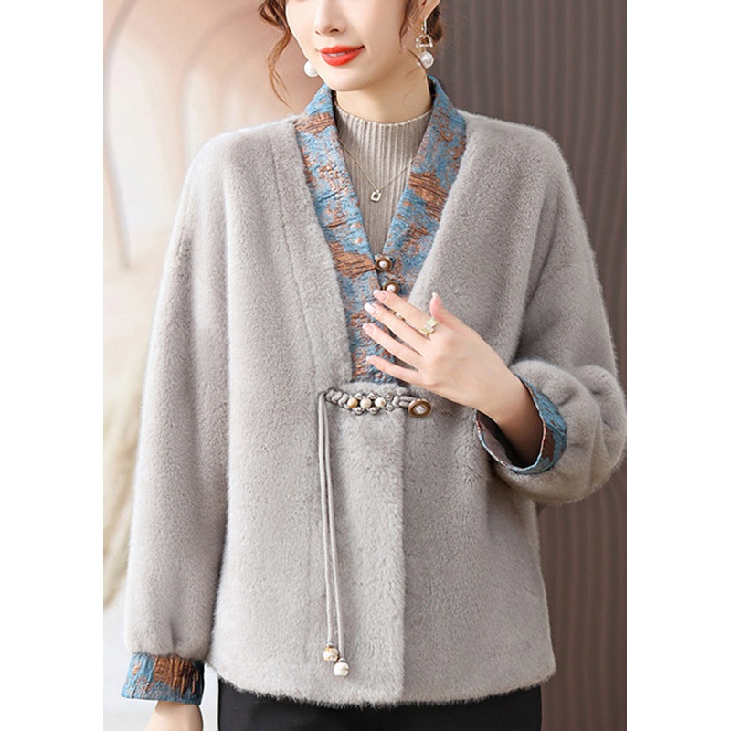 Classy Grey V Neck Tasseled Patchwork Mink Hair Coats Fall