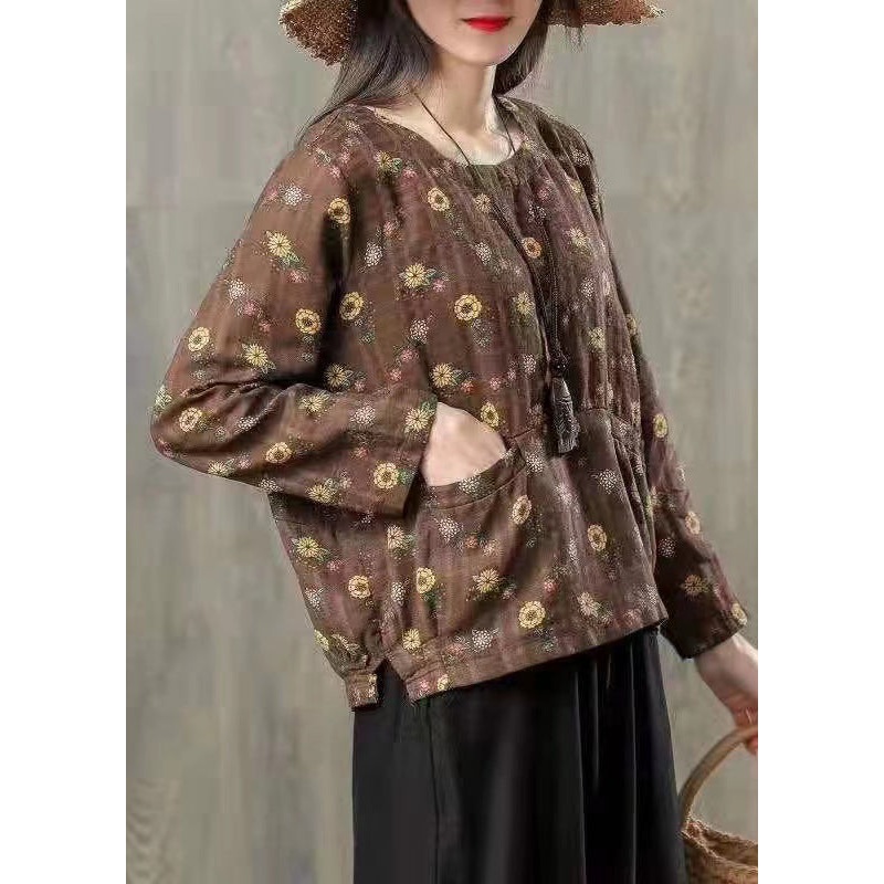 Coffee Print Pockets Patchwork Cotton T Shirts O Neck Fall