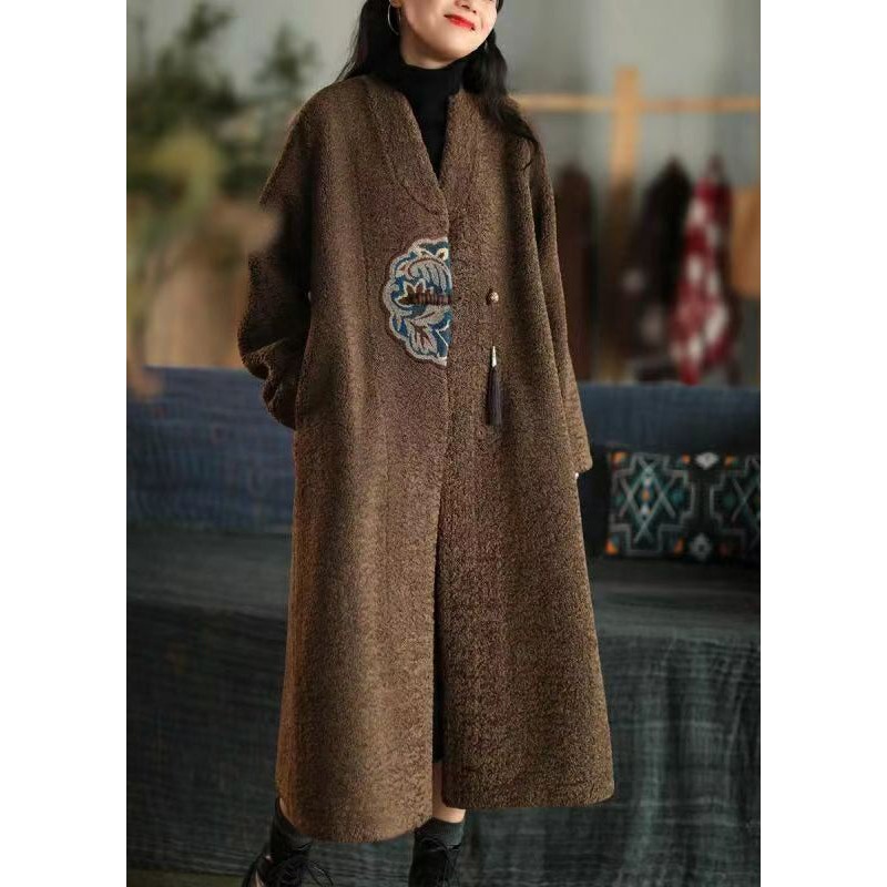 DIY Chocolate Embroideried Tasseled Faux Fur Trench Winter