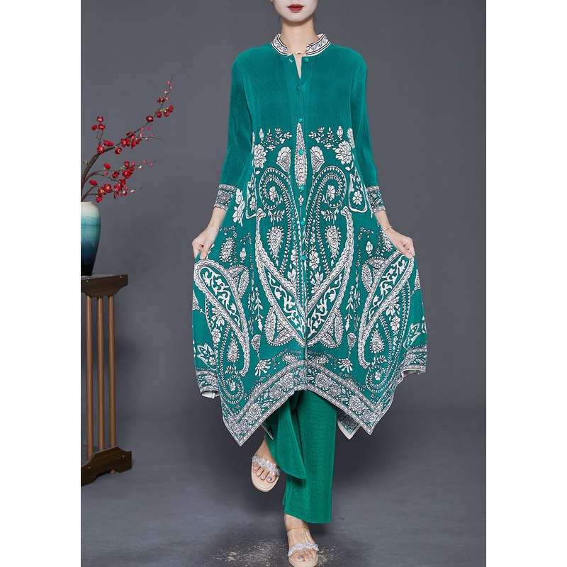 DIY Green Asymmetrical Print Silk Dress And Pant Two Pieces Set Fall