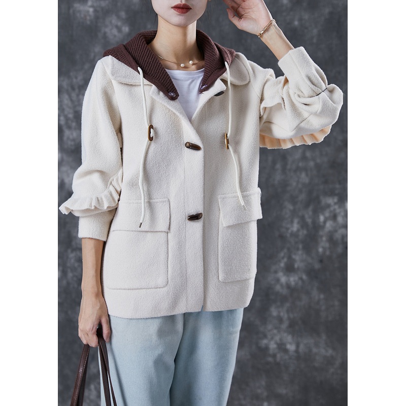 Elegant White Hooded Patchwork Ruffled Woolen Coats Spring