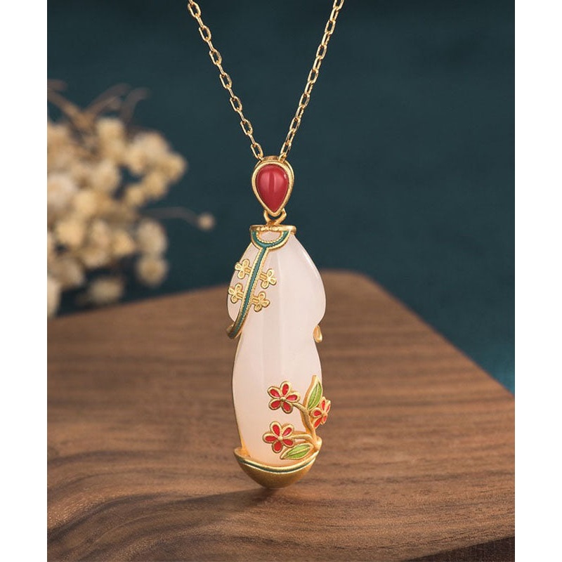 Fashion White Inlaid Jade Cloisonne Pendant Necklace