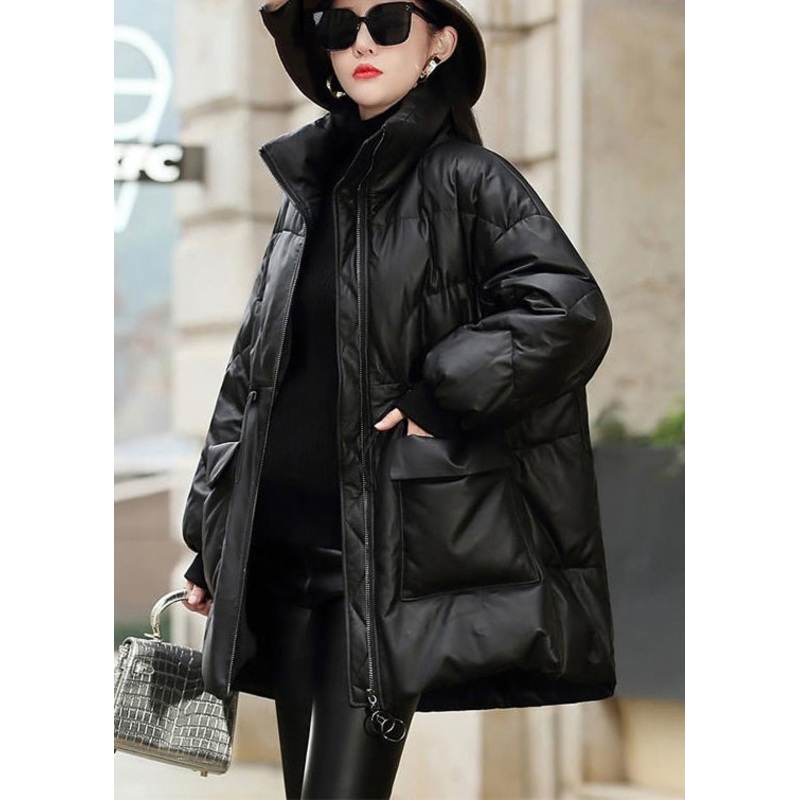French Black Cinched Sheepskin Duck Down Filled Down Jacket Winter