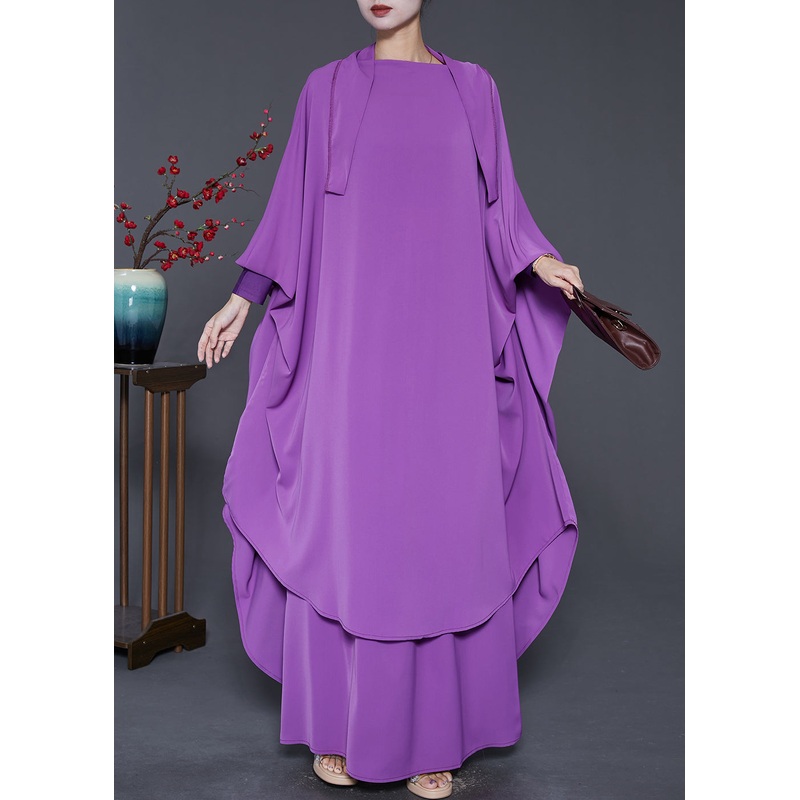 French Purple Oversized Draping Silk Two Piece Set Batwing Sleeve