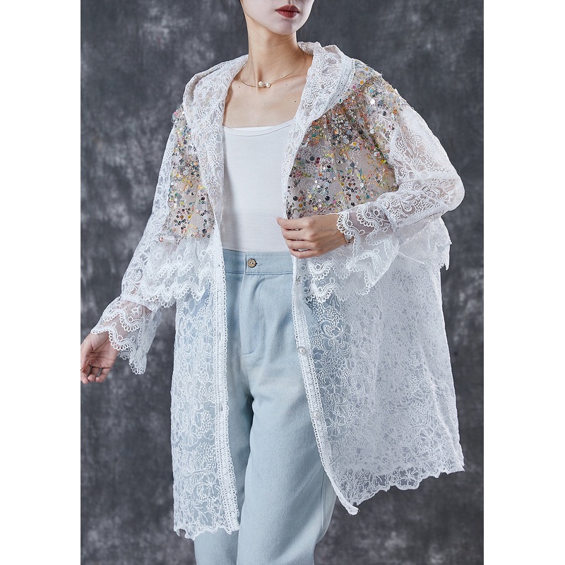 French White Sequins Hollow Out Lace Jackets Spring