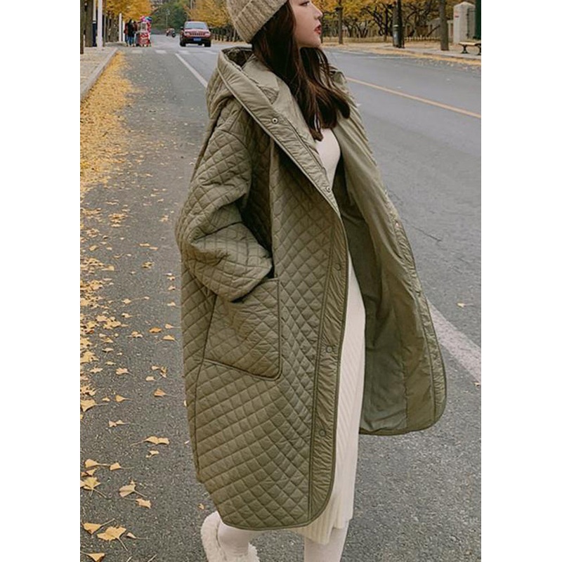 Green Oversized Fine Cotton Filled Parkas Hooded Pockets Winter