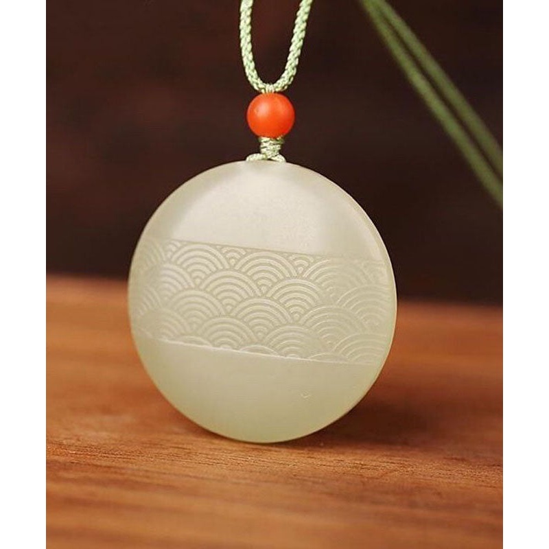Handmade Cyan Jade Round Carving Pendant Necklace