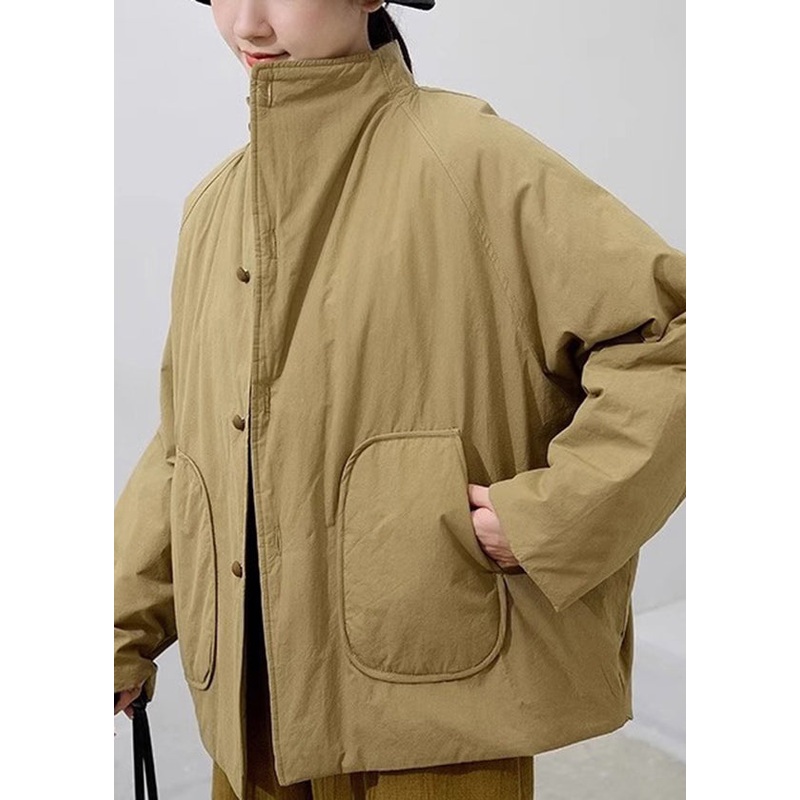 Handmade Khaki Stand Collar Pockets Fine Cotton Filled Womens Parka Winter