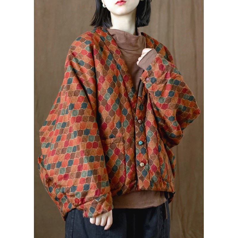 Handmade Orange V Neck Print Pockets Plus Size Fine Cotton Filled Jacket Batwing Sleeve