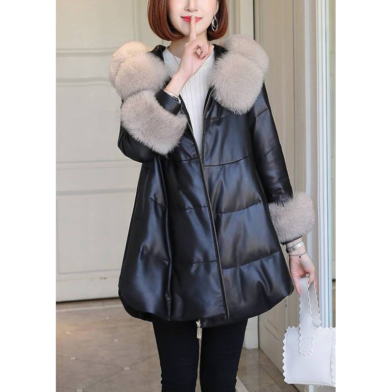 Italian Black Fur Collar Faux Leather Fine Cotton Filled Puffer Jacket Winter