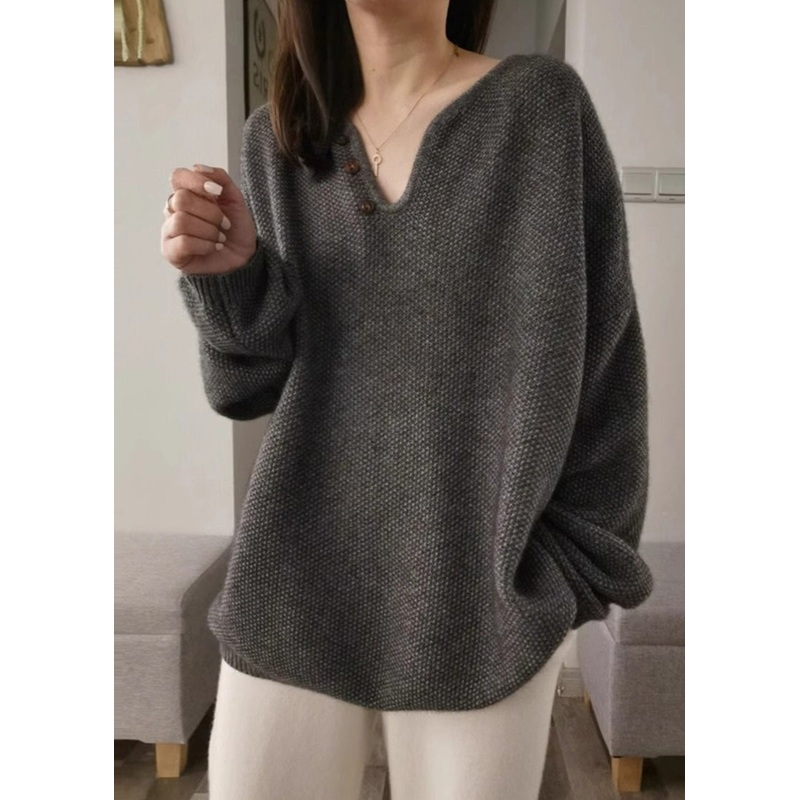 Italian Grey V Neck Thick Cozy Knit Pullover Fall