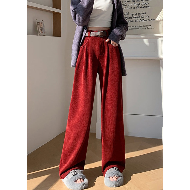 Italian Red Pockets Wrinkled Corduroy Warm Fleece Wide Leg Pants Winter