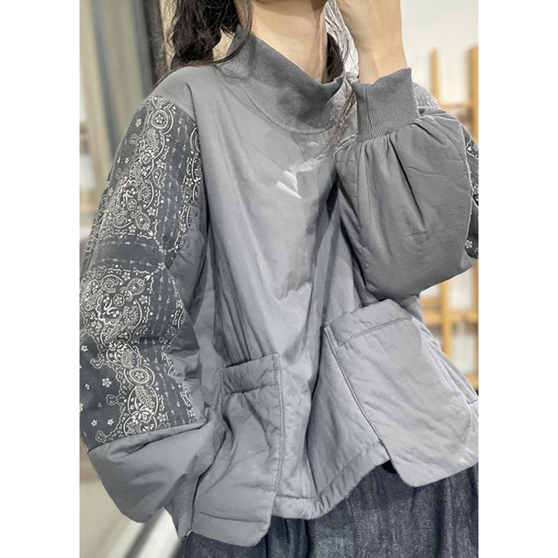 Loose Grey Half High Collar Print Fine Cotton Filled Pullover Lantern Sleeves