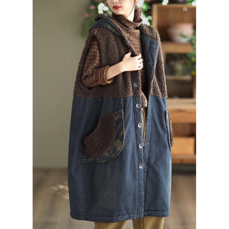 New Blue Hooded Teddy Patchwork Fine Cotton Filled Denim Vest Fall
