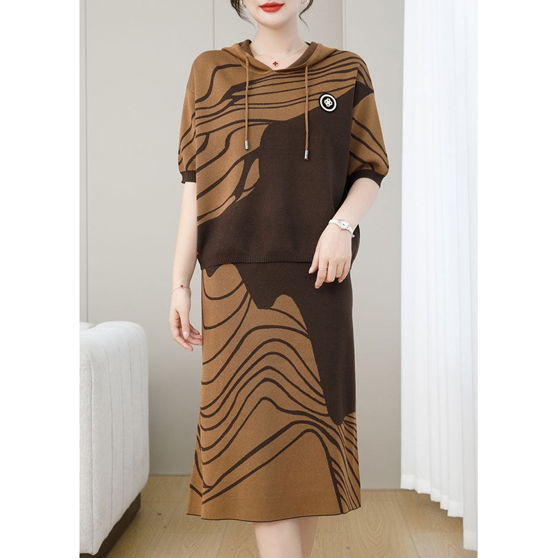 New Coffee Women Casual Knitting Hooded Two Piece Set Autumn