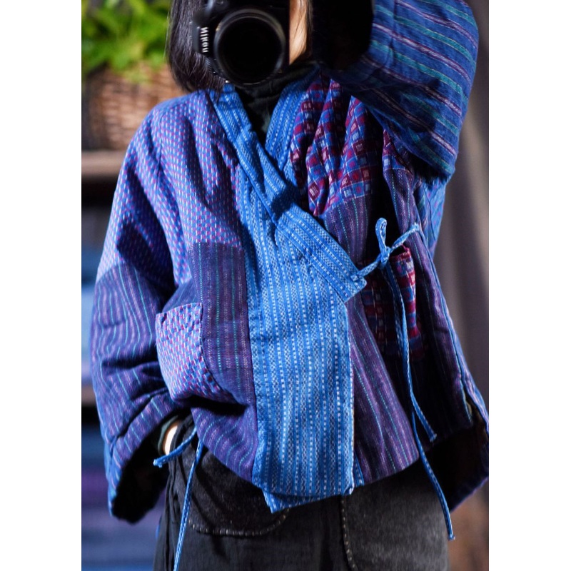 Original Design Blue V Neck Lace Up Patchwork Fine Cotton Filled Coat Winter