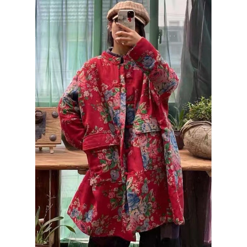 Original Design Red Print Pockets Plus Size Fine Cotton Filled Coat Winter
