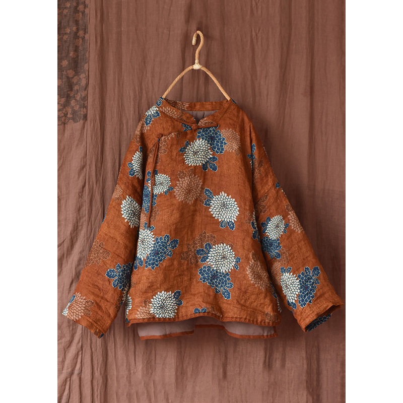 Original Orange Print Stand Collar Patchwork Fine Cotton Filled Coats Winter