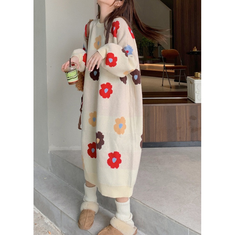 Plus Size Beige O Neck Floral Long Knit Sweaters Dress Winter