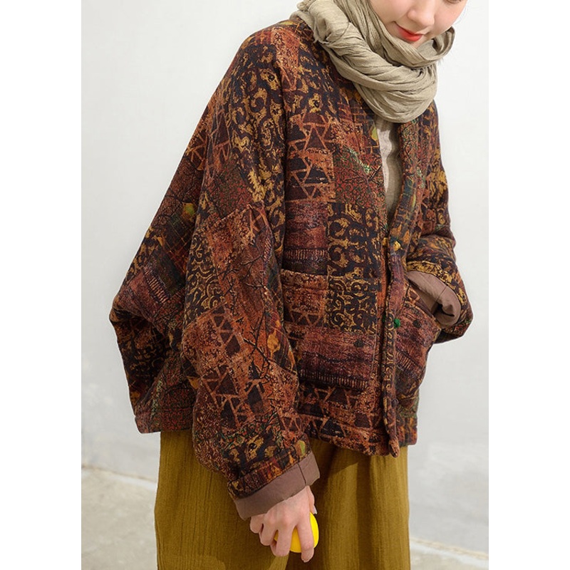 Plus Size Coffee V Neck Pockets Patchwork Fine Cotton Filled Jacket Batwing Sleeve