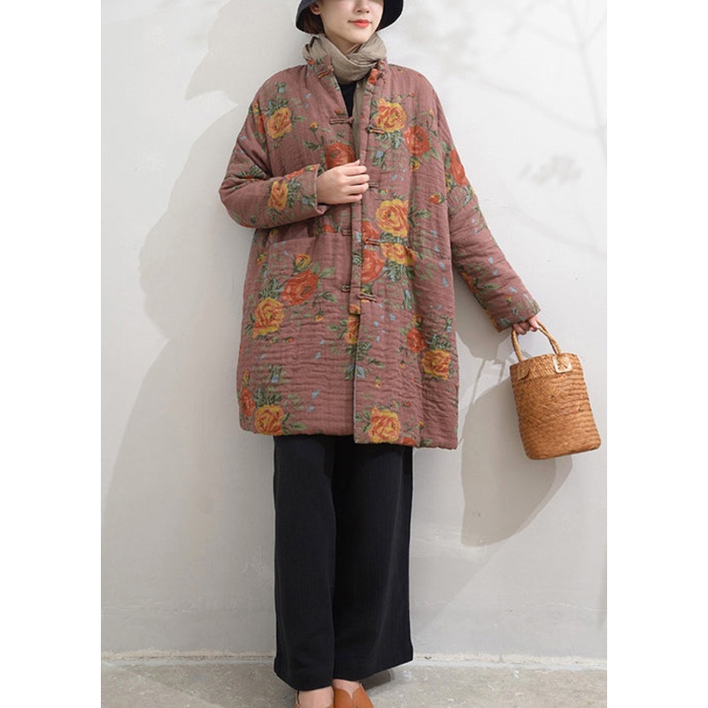Plus Size Pink Stand Collar Pockets Print Fine Cotton Filled Coat Winter