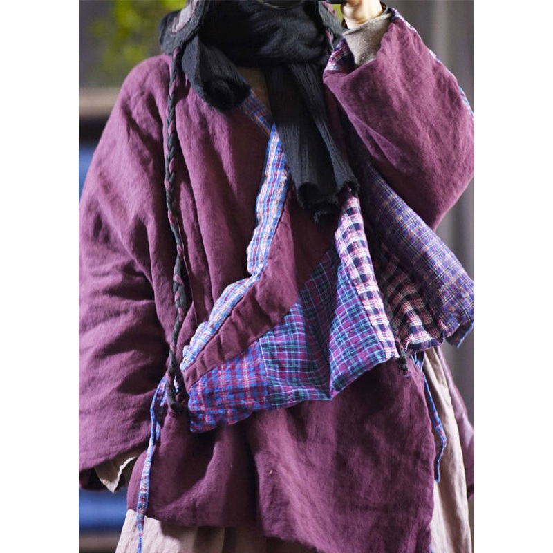 Plus Size Purple V Neck Lace Up Patchwork Fine Cotton Filled Coats Winter