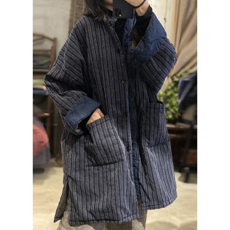 Plus Size Vintage Blue Stand Collar Pockets Striped Fine Cotton Filled Coat Winter