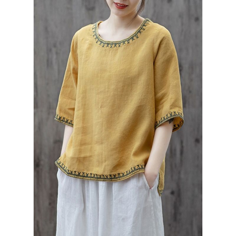 Plus Size Yellow O Neck Embroideried Patchwork Cotton T Shirts Summer