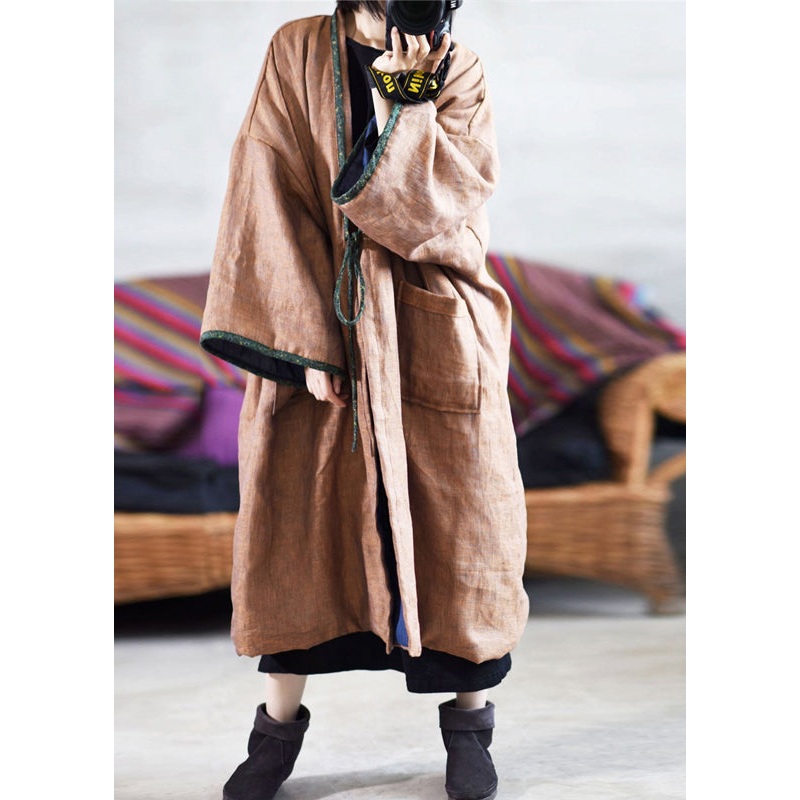 Retro Coffee Pockets Lace Up Plus Size Fine Cotton Filled Coat Winter
