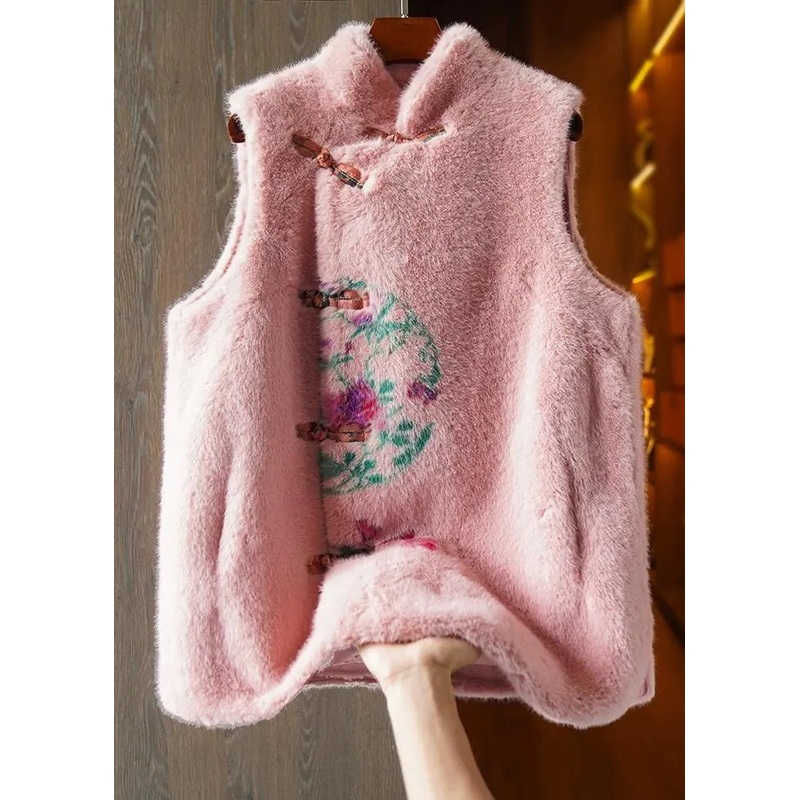 Retro Pink Stand Collar Chinese Button Mink Hair Vest Tops Sleeveless