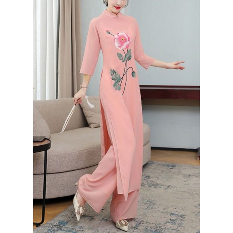 Silm Fit Pink Floral Print Silk Cheongsam Dress Two Pieces Set Fall